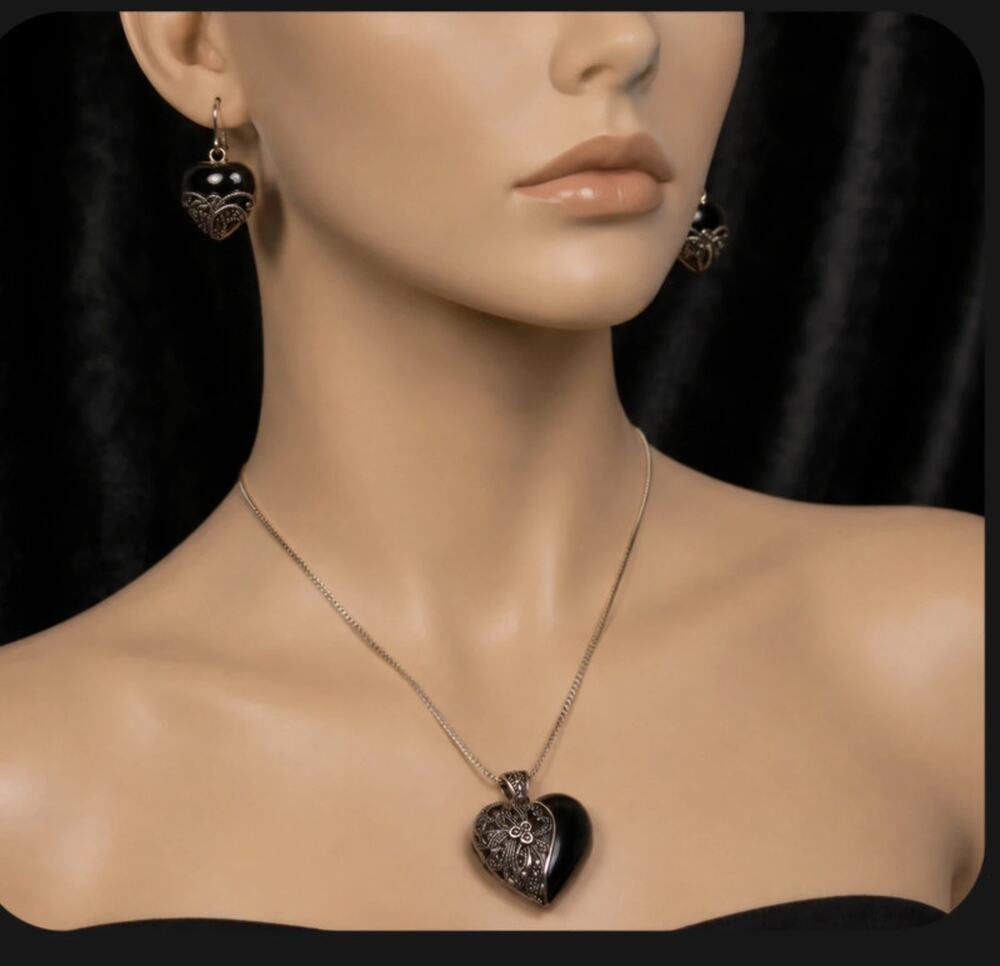 vintage Art Deco Revival sterling silver and onyx necklace and earrings set